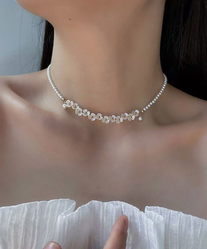 Elegant White Alloy Pearl Floral Princess Necklace