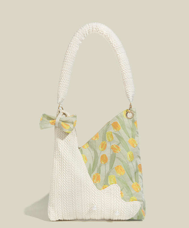 Elegant White Asymmetrical Design Patchwork Cotton Shoulder Bags