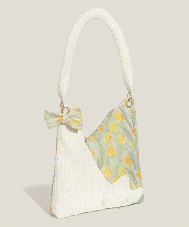 Elegant White Asymmetrical Design Patchwork Cotton Shoulder Bags