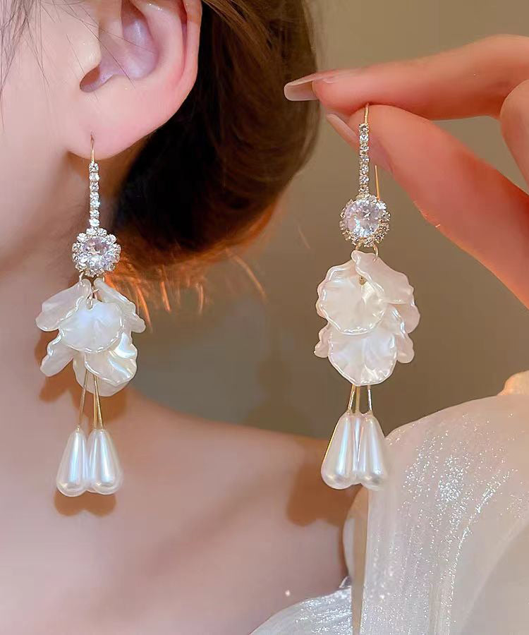 Elegant White Copper Acrylic Zircon Pearl Shell Tassel Drop Earrings