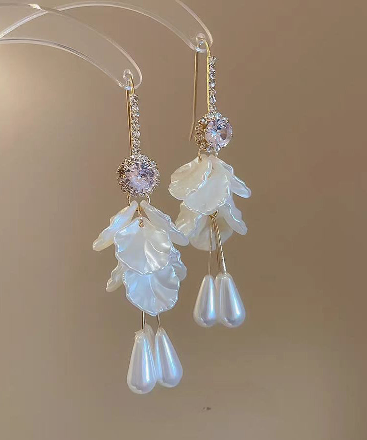 Elegant White Copper Acrylic Zircon Pearl Shell Tassel Drop Earrings