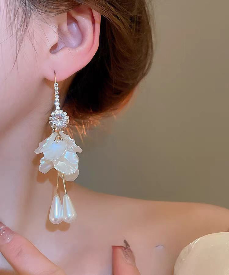 Elegant White Copper Acrylic Zircon Pearl Shell Tassel Drop Earrings