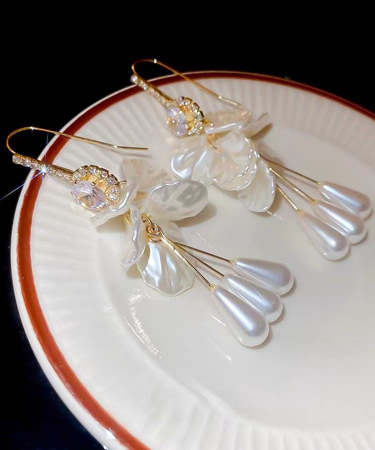 Elegant White Copper Acrylic Zircon Pearl Shell Tassel Drop Earrings