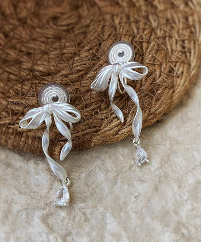 Elegant White Copper Alloy Butterfly Silk Ribbon Drop Earrings