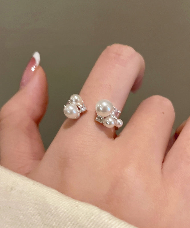Elegant White Copper Zircon Pearl Open Rings