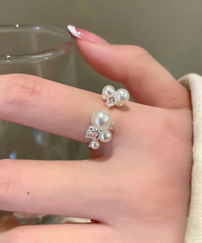 Elegant White Copper Zircon Pearl Open Rings