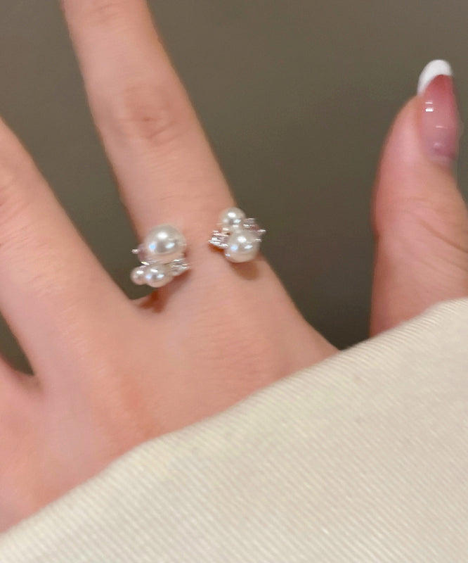 Elegant White Copper Zircon Pearl Open Rings