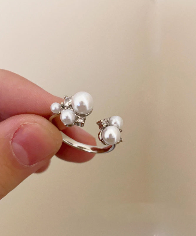Elegant White Copper Zircon Pearl Open Rings