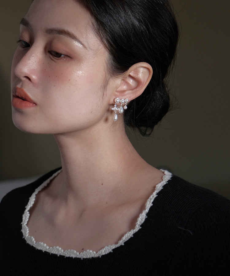 Elegant White Copper Zircon Pearl Tassel Drop Earrings