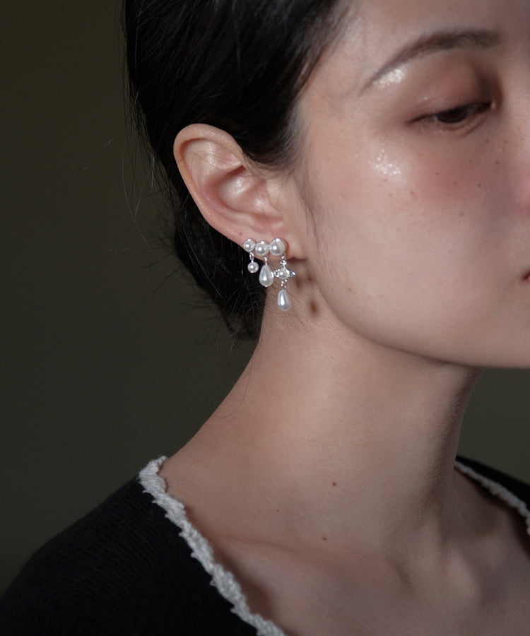 Elegant White Copper Zircon Pearl Tassel Drop Earrings