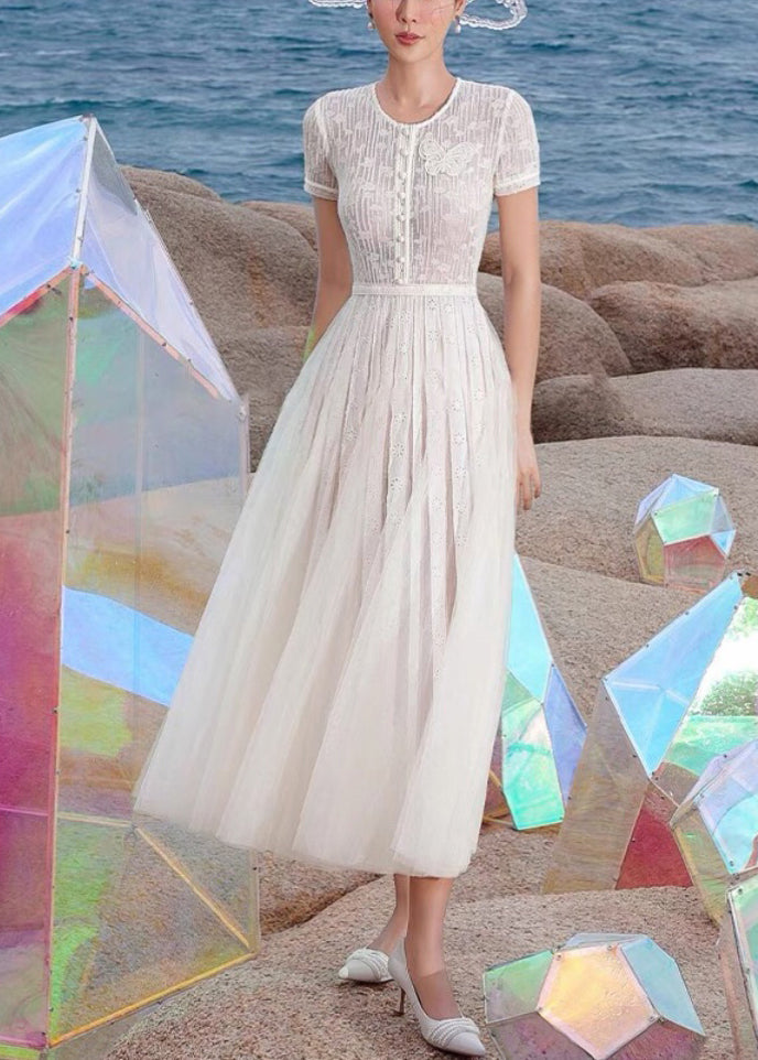 Elegant White Embroidered Hollow Out Tulle Long Dress Summer