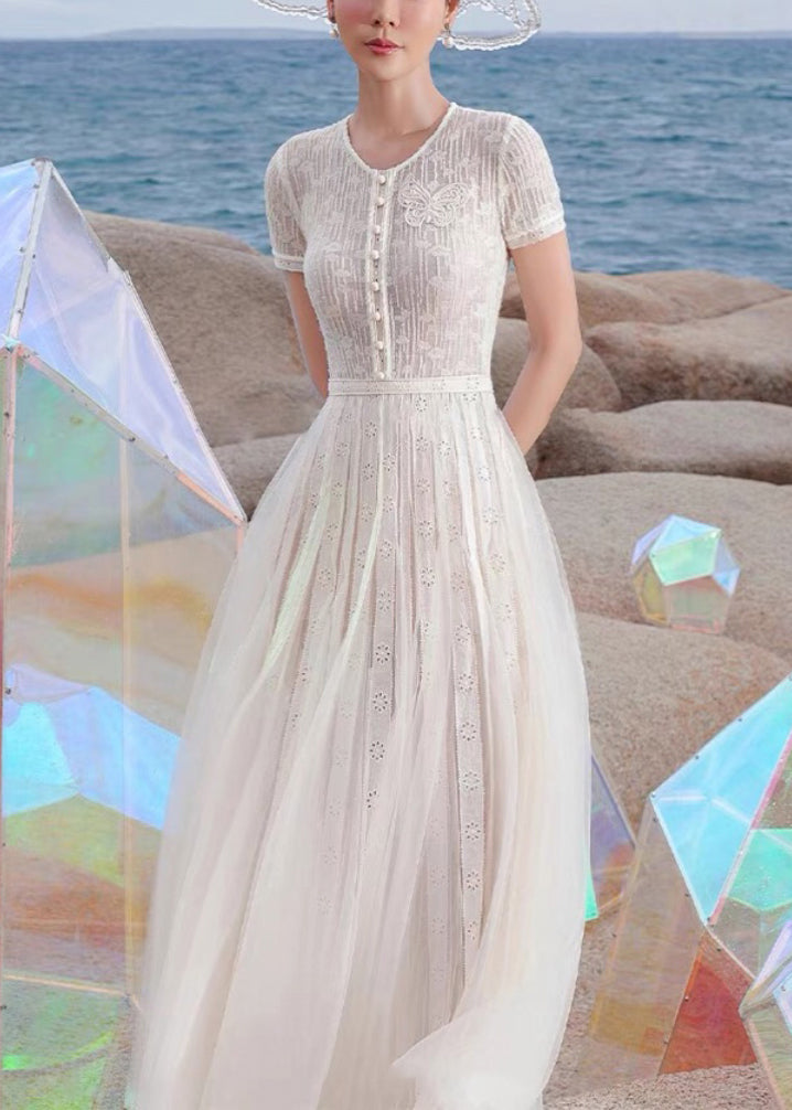 Elegant White Embroidered Hollow Out Tulle Long Dress Summer