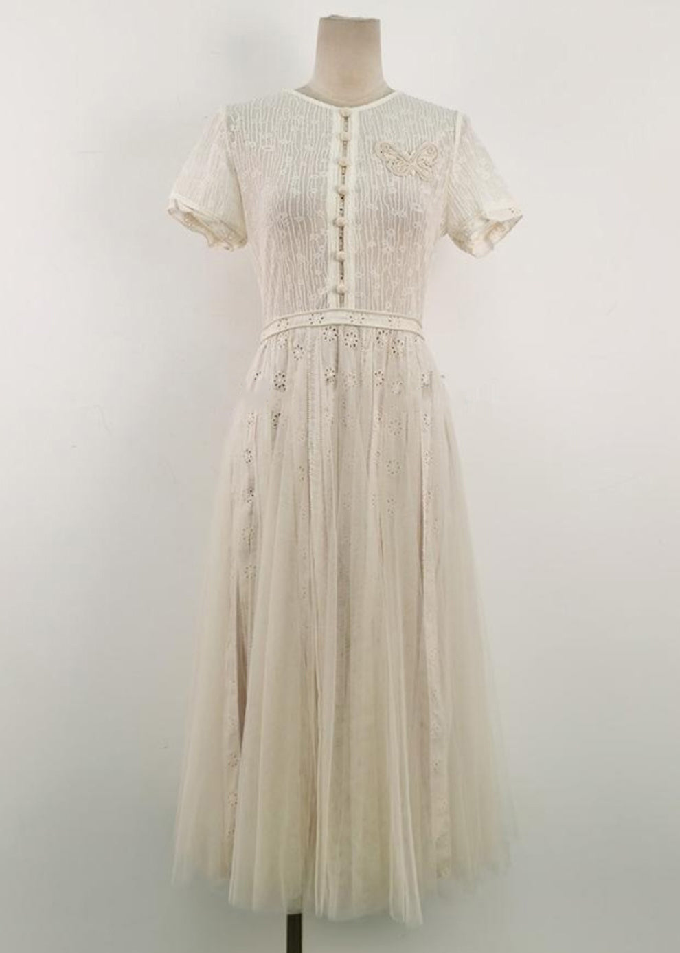Elegant White Embroidered Hollow Out Tulle Long Dress Summer