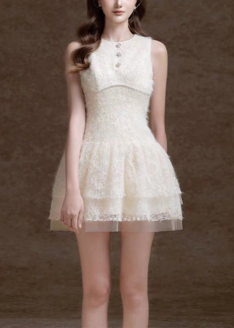 Elegant White O Neck Sequins Tulle Mid Dress Sleeveless