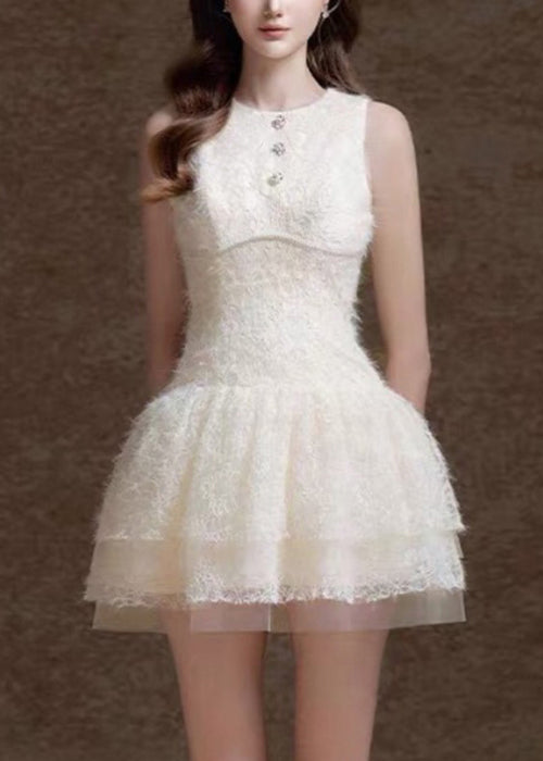 Elegant White O Neck Sequins Tulle Mid Dress Sleeveless