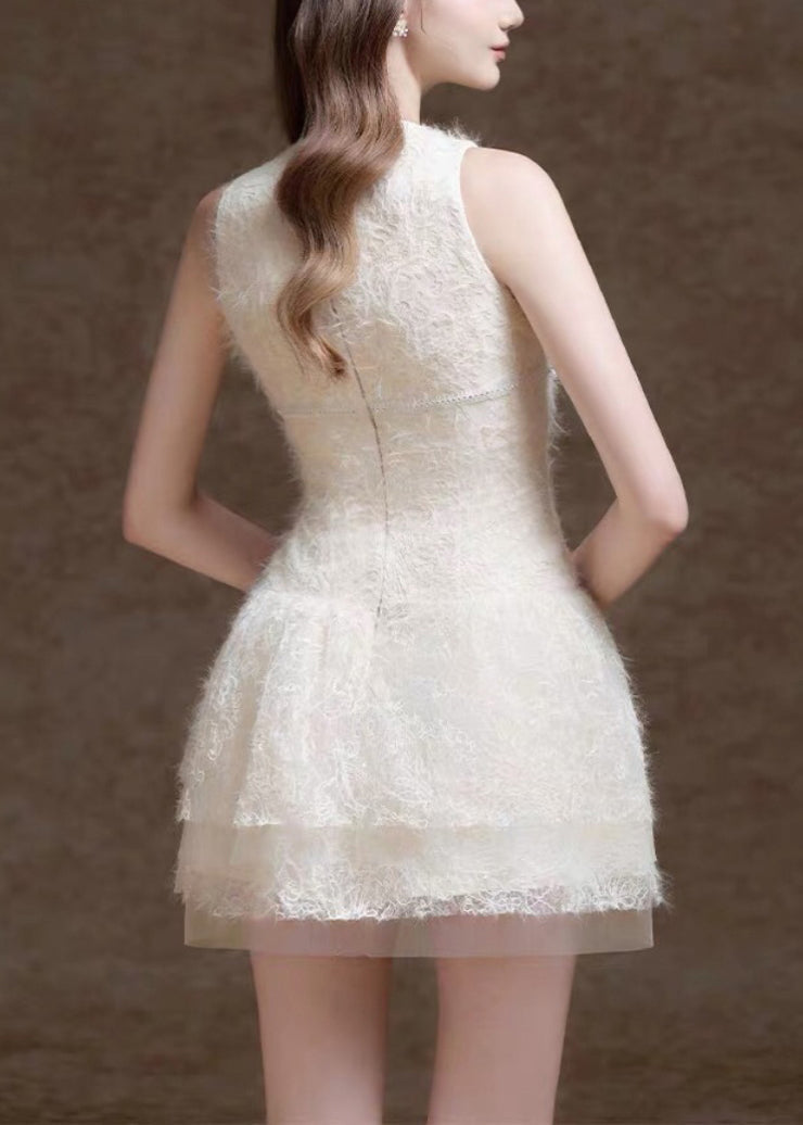 Elegant White O Neck Sequins Tulle Mid Dress Sleeveless