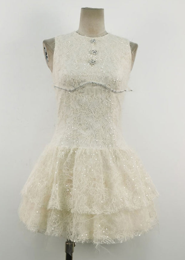 Elegant White O Neck Sequins Tulle Mid Dress Sleeveless