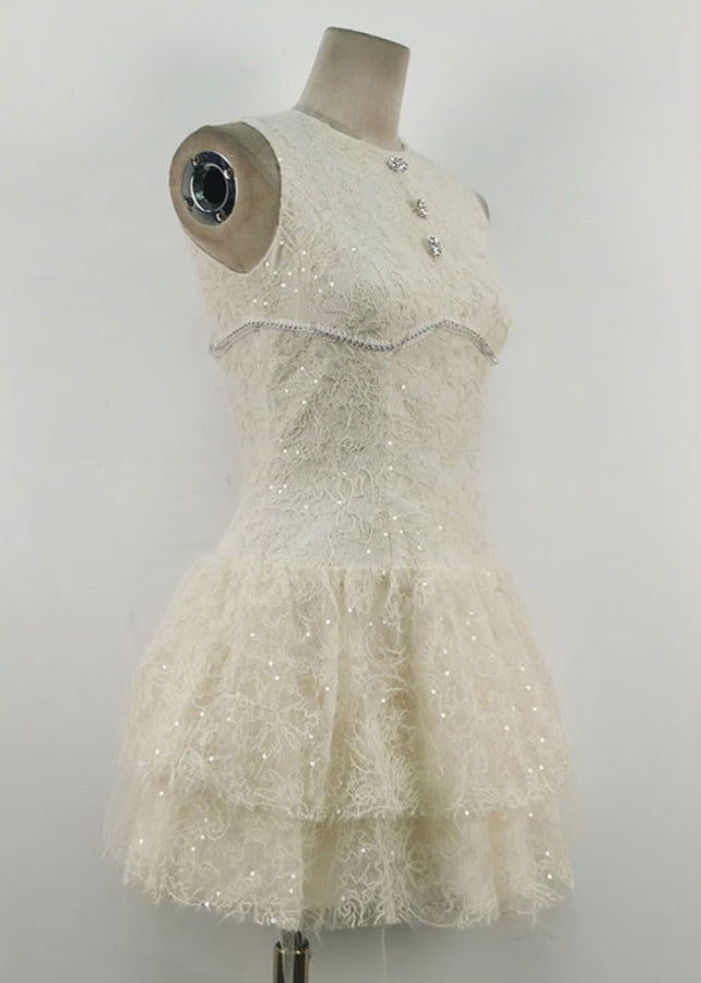 Elegant White O Neck Sequins Tulle Mid Dress Sleeveless