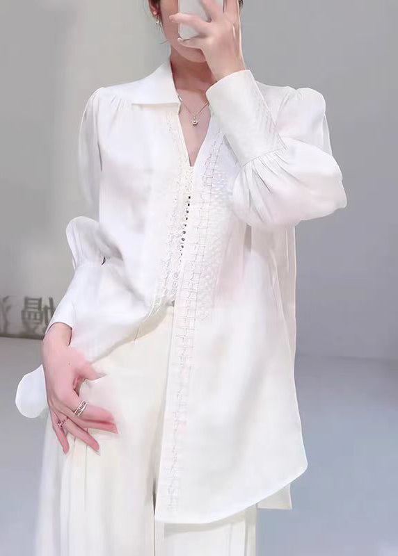 Elegant White Peter Pan Collar Jacquard Cotton Shirts Top Fall