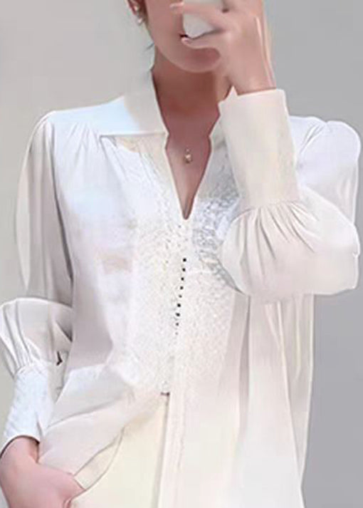 Elegant White Peter Pan Collar Jacquard Cotton Shirts Top Fall