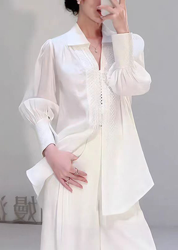 Elegant White Peter Pan Collar Jacquard Cotton Shirts Top Fall
