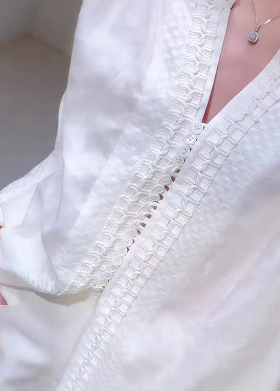 Elegant White Peter Pan Collar Jacquard Cotton Shirts Top Fall