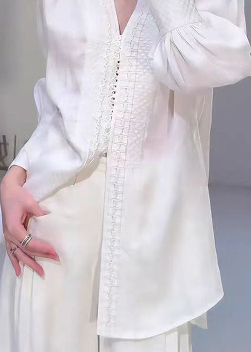 Elegant White Peter Pan Collar Jacquard Cotton Shirts Top Fall