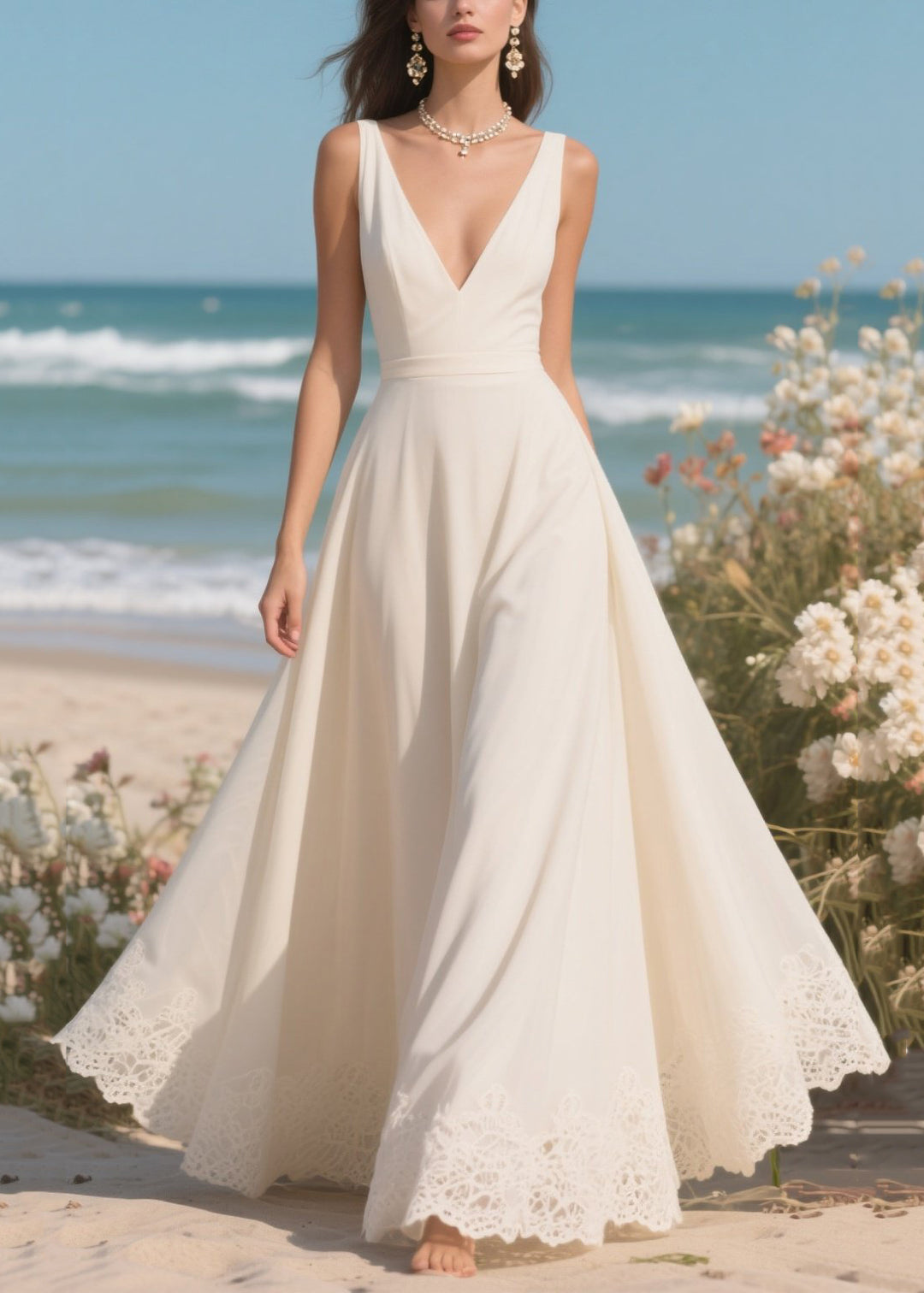 Elegant White V Neck Exra Large Hem Draping Chiffon Dresses Summer