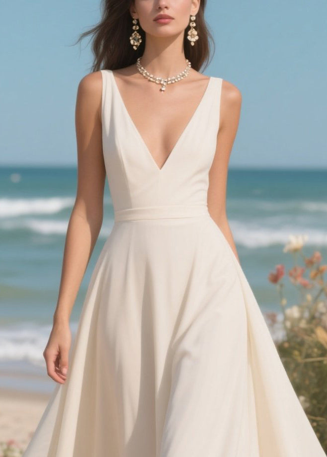 Elegant White V Neck Exra Large Hem Draping Chiffon Dresses Summer