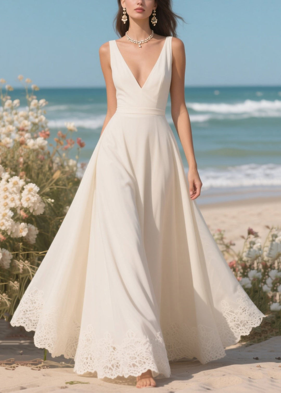 Elegant White V Neck Exra Large Hem Draping Chiffon Dresses Summer