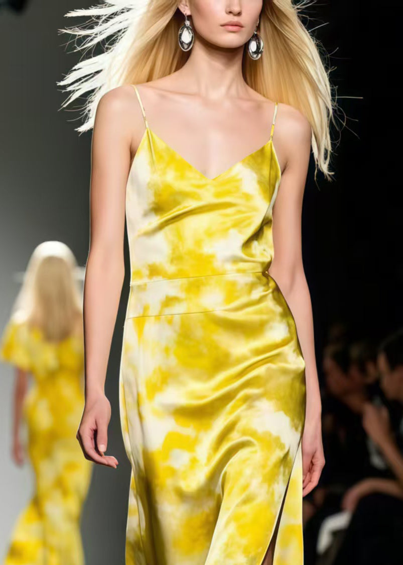 Elegant Yellow Tie Dye Side Open Silk Spaghetti Strap Dress Summer