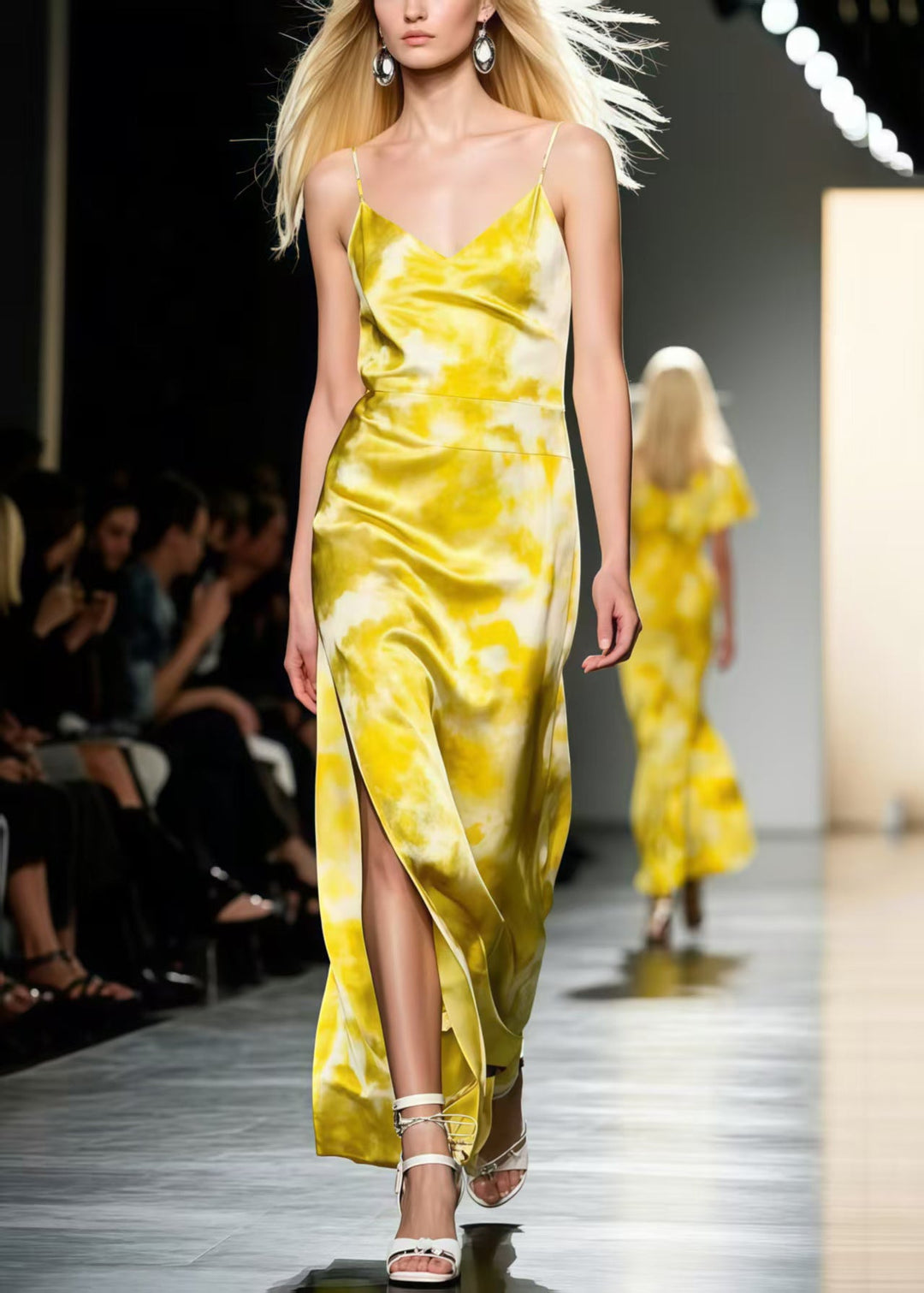 Elegant Yellow Tie Dye Side Open Silk Spaghetti Strap Dress Summer