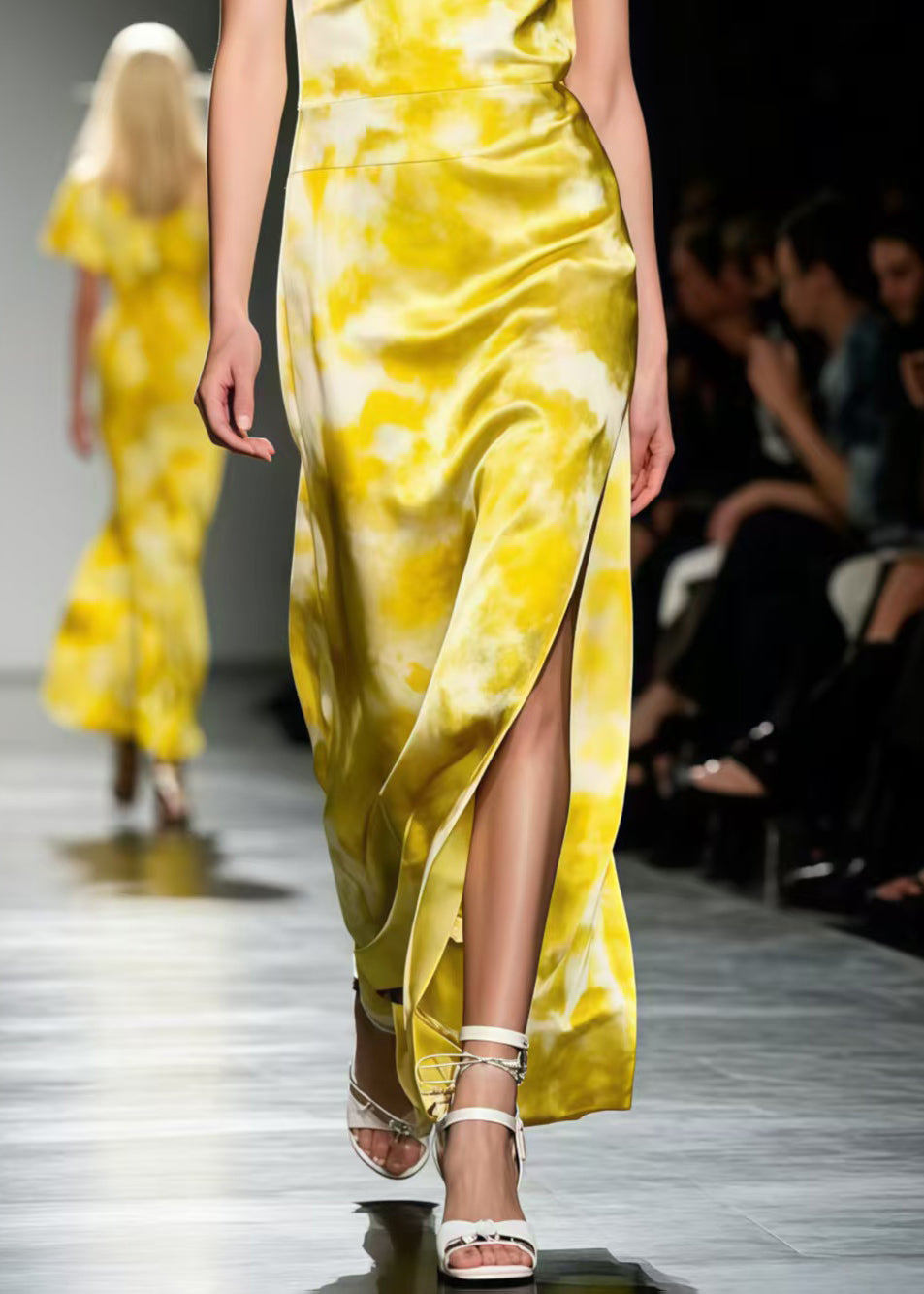 Elegant Yellow Tie Dye Side Open Silk Spaghetti Strap Dress Summer