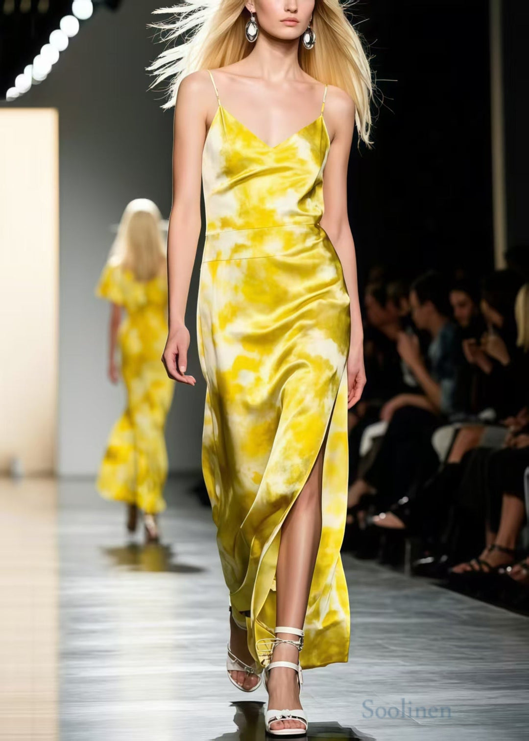 Elegant Yellow Tie Dye Side Open Silk Spaghetti Strap Dress Summer