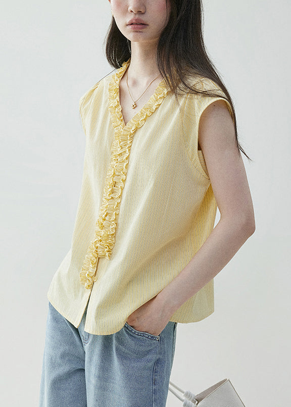 Elegant Yellow V Neck Ruffled Cotton Shirt Summer
