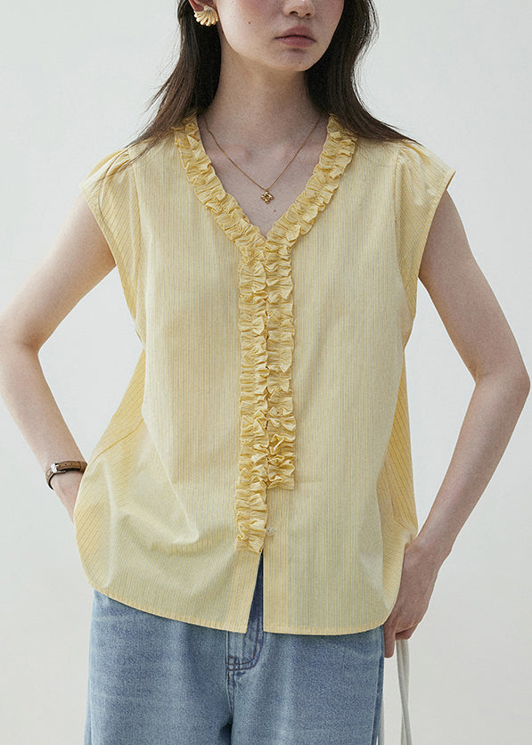 Elegant Yellow V Neck Ruffled Cotton Shirt Summer
