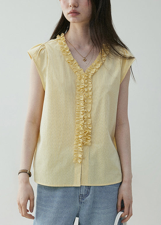 Elegant Yellow V Neck Ruffled Cotton Shirt Summer