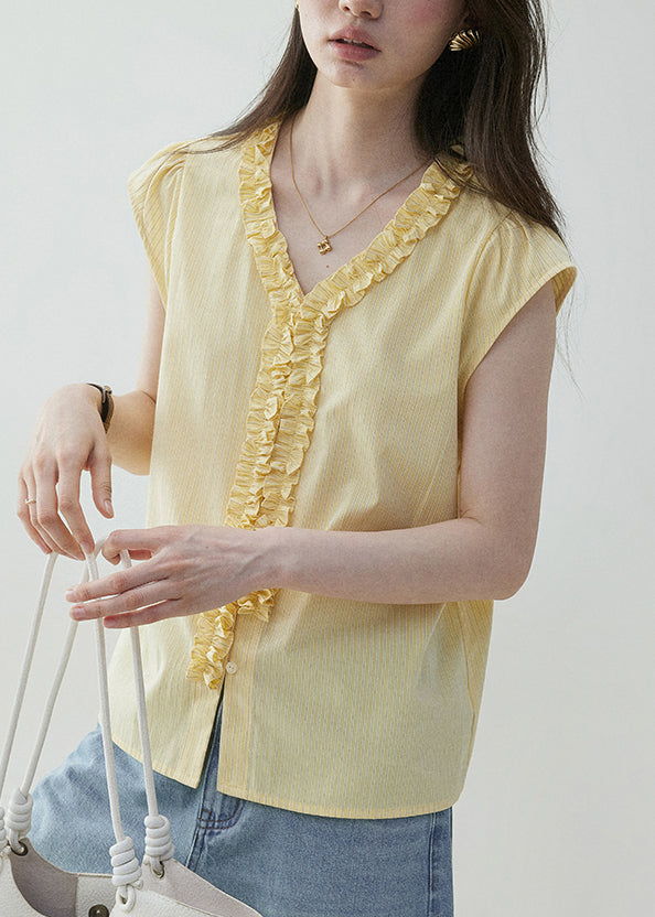 Elegant Yellow V Neck Ruffled Cotton Shirt Summer