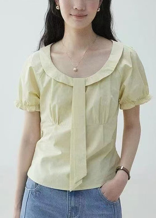 ElegantYellow Wrinkled Zippered Cotton Blouses Puff Sleeve
