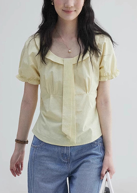 ElegantYellow Wrinkled Zippered Cotton Blouses Puff Sleeve