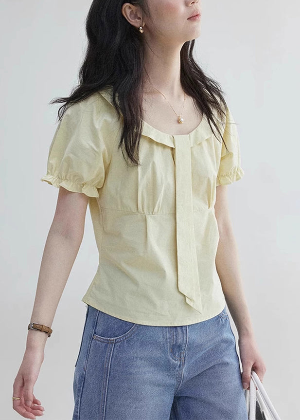 ElegantYellow Wrinkled Zippered Cotton Blouses Puff Sleeve