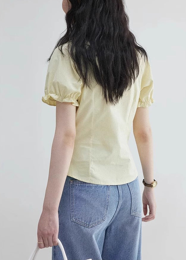 ElegantYellow Wrinkled Zippered Cotton Blouses Puff Sleeve