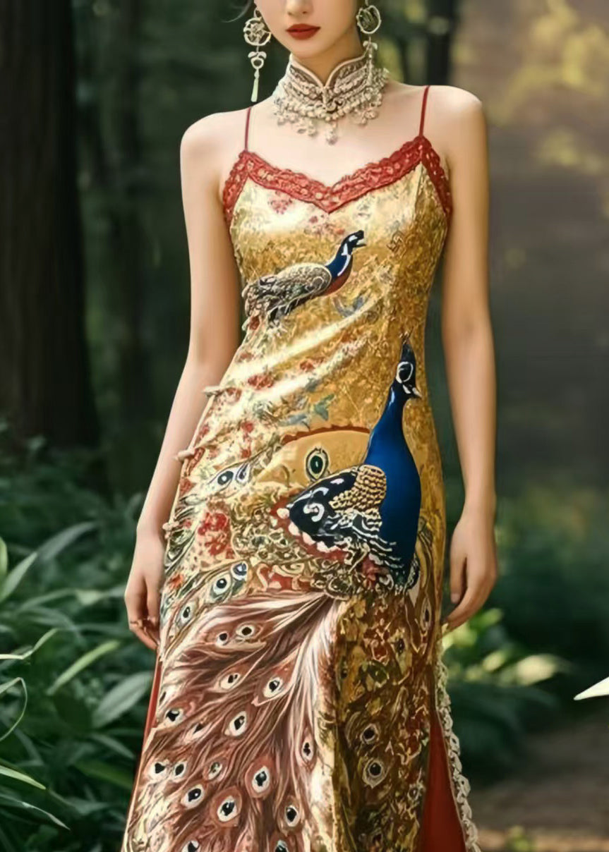 Ethnic Style Peacock Print Patchwork Ruffles Silk Vestidos Dress Summer