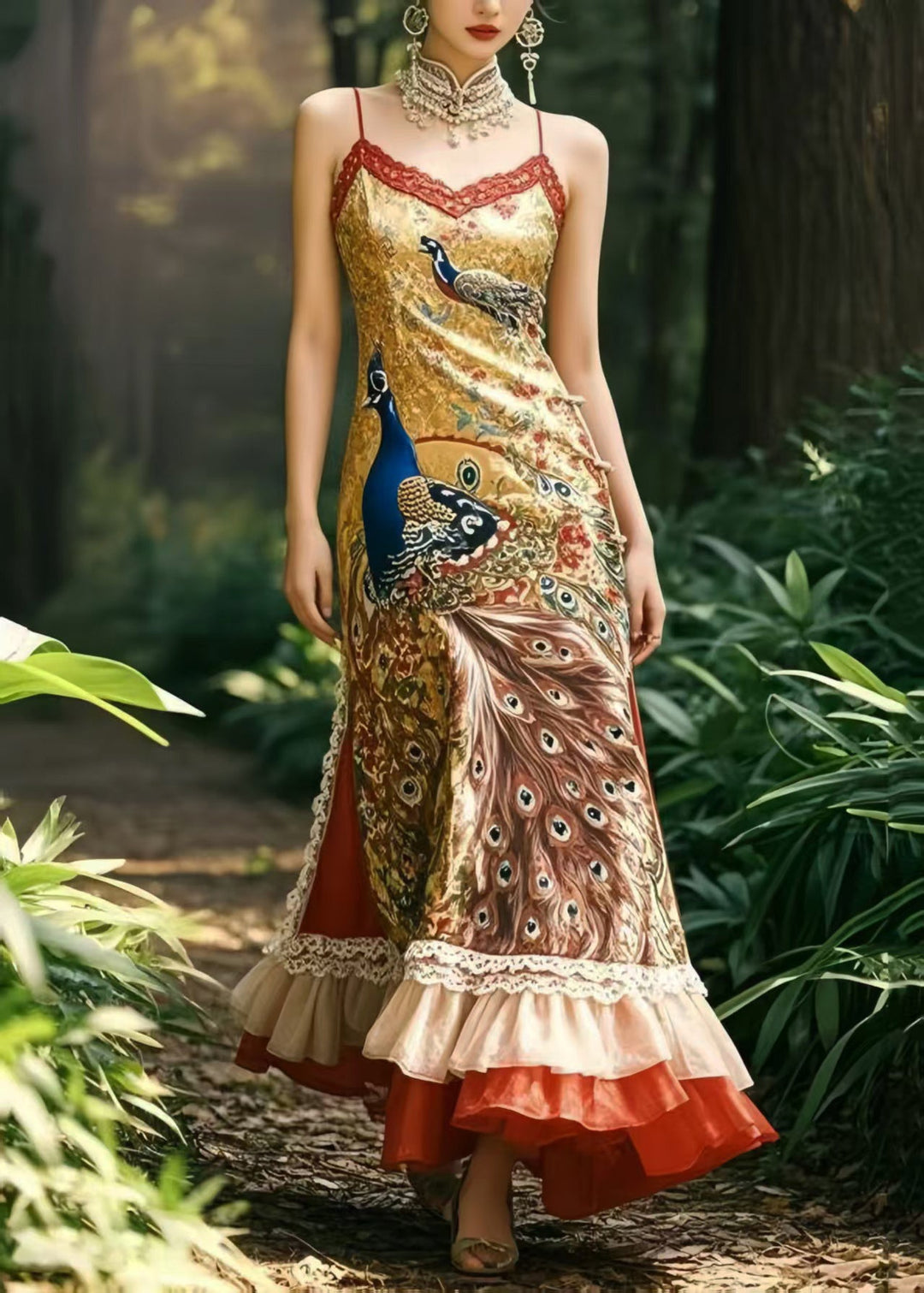 Ethnic Style Peacock Print Patchwork Ruffles Silk Vestidos Dress Summer