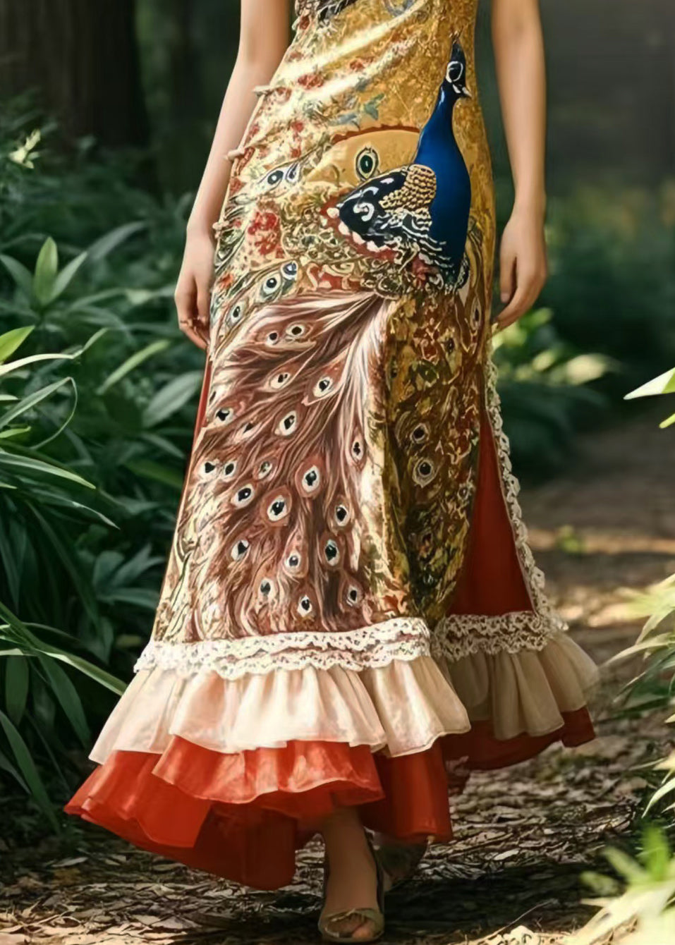 Ethnic Style Peacock Print Patchwork Ruffles Silk Vestidos Dress Summer