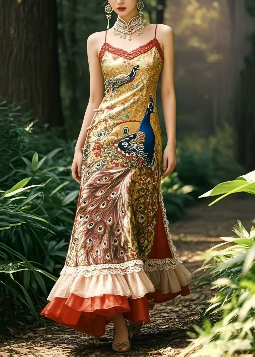 Ethnic Style Peacock Print Patchwork Ruffles Silk Vestidos Dress Summer