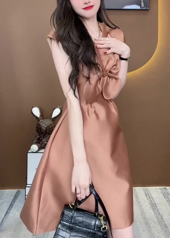 Exquisite Floral Champagne Colored Silk Sleeveless Dress