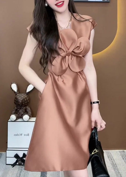 Exquisite Floral Champagne Colored Silk Sleeveless Dress
