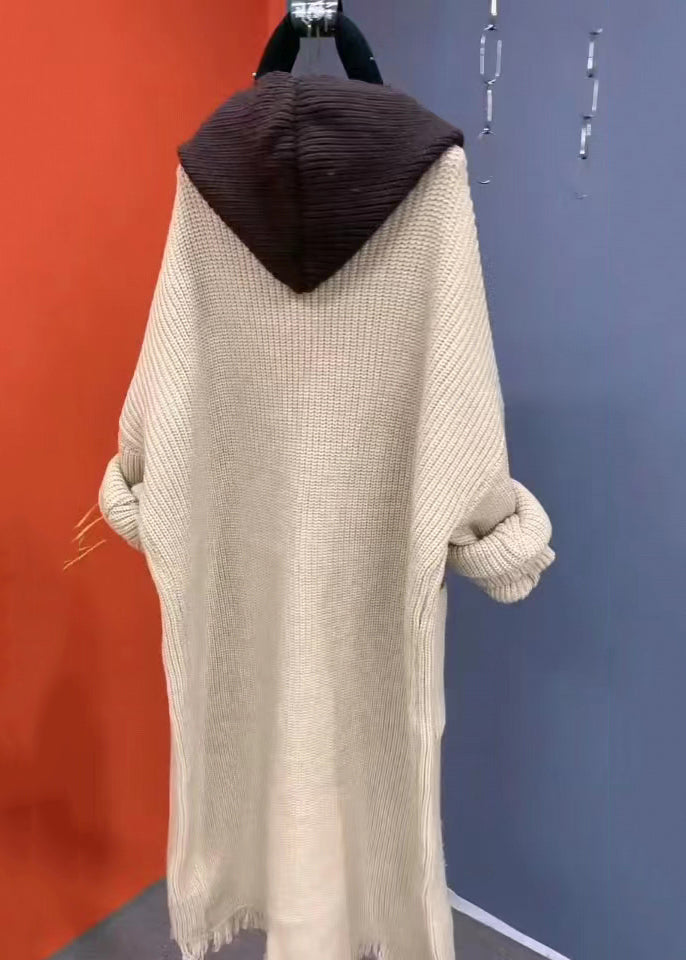 Fashion Beige Tasseled Patchwork Knit Hooded Coat Fall