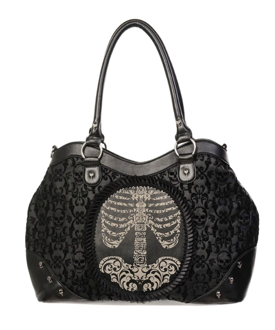 Fashion Black Jacquard Rivet Faux Leather Tote Handbag